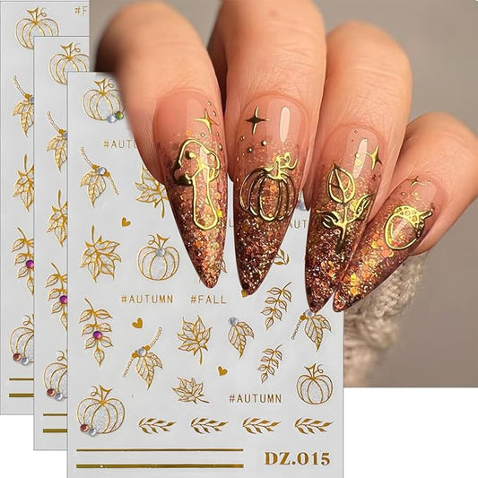 Fall Maple Leaves Nail Art Stickers, Gold Glitter Nail Decals 3D Self-Adhesive Pumpkin Fall Leavers Nails Stickers with Rhinestone Design 3Pcs Nail Art Supplies for Women Nail Decoration