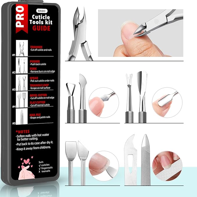 Cbiumpro 5-Pack Cuticle Trimmer Set with Pusher, Cutter, Scraper, Nipper, Clipper, Professional Stainless Steel Cuticle Remover Tools Kit for Fingernails & Toenails - with Case