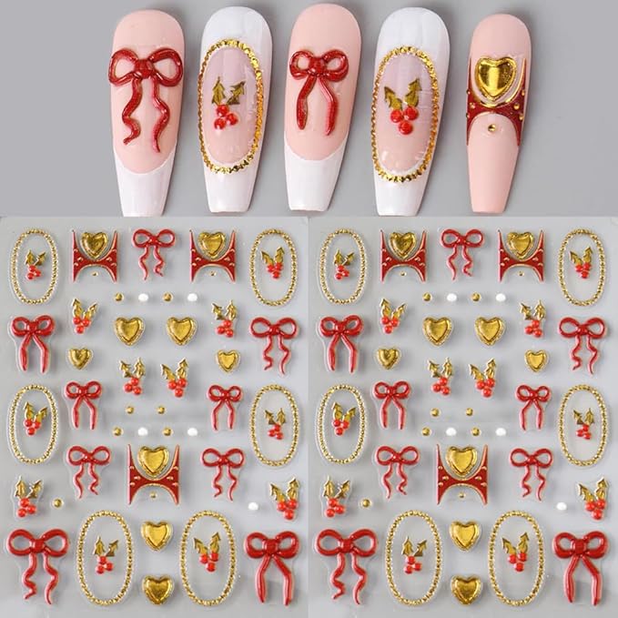 5D Embossed Nail Stickers Red Gold Bow Heart Nail Decals DIY Self Adhesive Christmas Nail Design Sticker Cute Nail Decoration Supplies Holiday Manicure Accessories for Women Girls 2Pcs