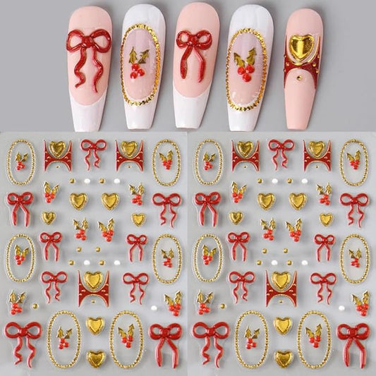 5D Embossed Nail Stickers Red Gold Bow Heart Nail Decals DIY Self Adhesive Christmas Nail Design Sticker Cute Nail Decoration Supplies Holiday Manicure Accessories for Women Girls 2Pcs
