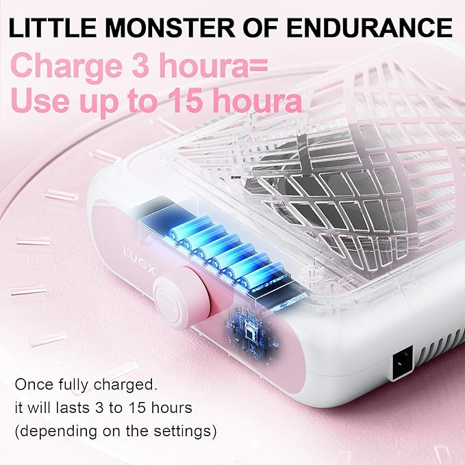 L'UGX Nail Dust Collector Rechargeable with 2 Reusable Filter, Professional Dust Collector Nail Tech Fan Extractor Powerful Suction Vacuum Dust Collector for Nails, Perfect for Home Salon Use