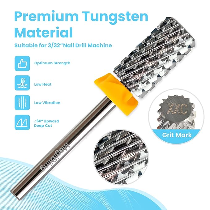 Super Cut Large Barrel Nail Drill Bits for Professional Users, 3/32'' Tungsten Carbide Bits, Upward Deep Cut for Removing Hard Gel Fast, Right Hand Use, Manicure Cuticle Gel Polishing, Double Coarse.