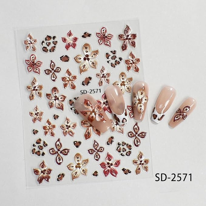 Fall Flowers Nail Art Stickers, Maillard Leopard Lily Nail Decals 3D Embossed with Sweet Cool Spicy Girl Style Design 8Pcs Nail Art Supplies for Women Nail Decoration