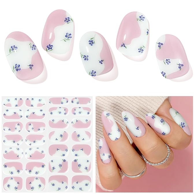 Semi Cured Gel Nail Strips, Falling Flowers| 28 pcs Gel Nail Strips Work with Any UV Lamp, Salon Quality UV Nails Stickers, Easy to Apply for Home Nails DIY