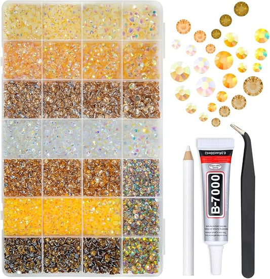 28 Types Colorful Champagne AB Jelly Resin Rhinestones w B7000 Jewelry Glue for Bedazzling Crafting 3mm-6mm Flatback Stones Gems Diamonds for Nails Face Eyes Makeup DIY Crafts Tumblers Bottles