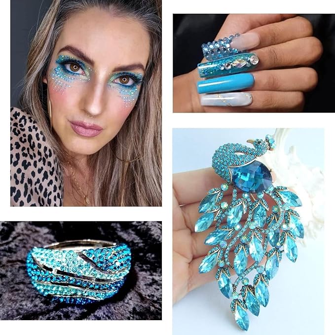 4010Pcs Aquamarine Rhinestones Lake Blue Nail Rhinestones for Makeup K9 Glass 6 Sizes (1.6-6mm) to SS30 Round Flatback Water Blue Nail Gems Stones Jewels Non-Hotfix Nail Charms for Nails Eyes Face etc