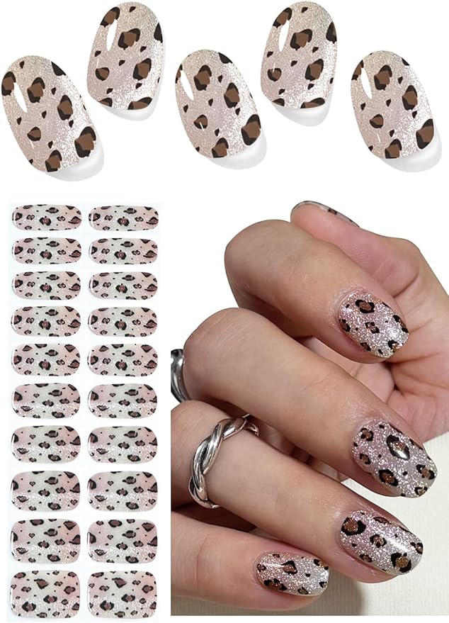 Semi Cured Gel Nail Strips, Leopard Cat Eye 20pcs Adhesive UV Sticker, Wraps for Home Manicure DIY