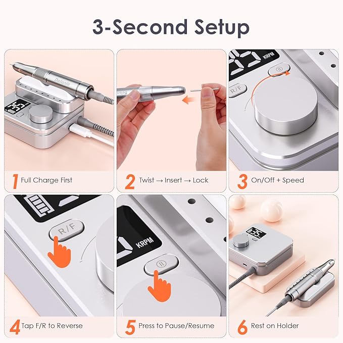 Delanie Professional Rechargeable Nail Drill Machine 35000 RPM - 901SE Electric E File Acrylic Gel Nail Filer Tool for Manicure with 7 bits and 36 Sanding Bands