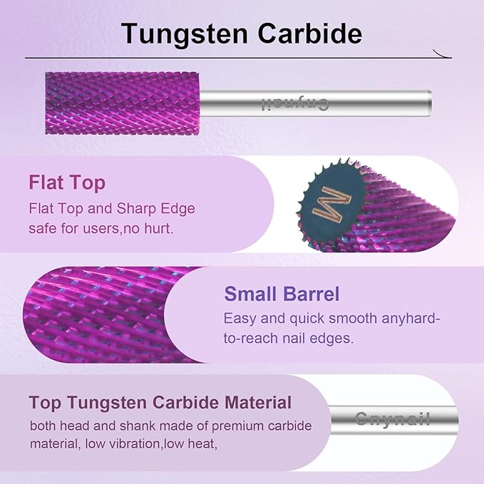3/32" Small 5.35MM Barrel Bit Tungsten Carbide Nail Drill Bit Safety Bit for Gel & Acrylic Removal, 2- Way Rotating Efile Tip, Salon Electric File Accessory (M Girt, Purple)