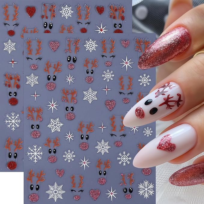 6 Sheets Christmas Glitter Elk Nail Art Stickers 3D Self-Adhesive White Snowflake Cute Reindeer Nail Design Red Pink Glitter Heart Nail Decor for Women Winter Xmas Holiday Manicure DIY Nail Supplies