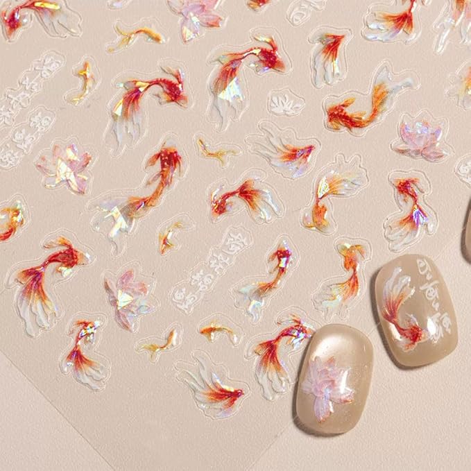 3 Sheets Goldfish Nail Art Stickers, 5D Embossed Cute Fish Nail Decals Self-Adhesive Chinese Style Nail Art Accessories for Women DIY Nail Decorations