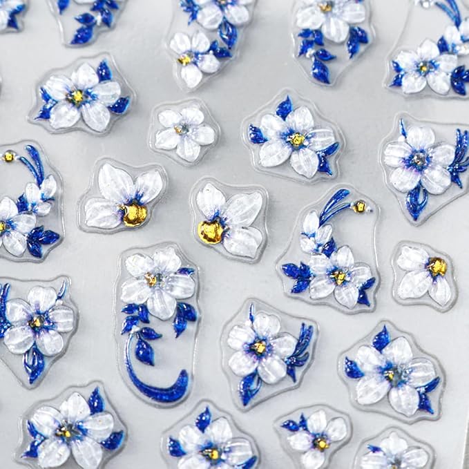 5D Flower Nail Art Stickers Blue Glitter Shiny Flowers Nail Decals 1 Sheets Embossed Floral Nail Stickers Self-Adhesive Blue Flower Nail Supplies for Women Girls Manicure Nail Decoration Accessories