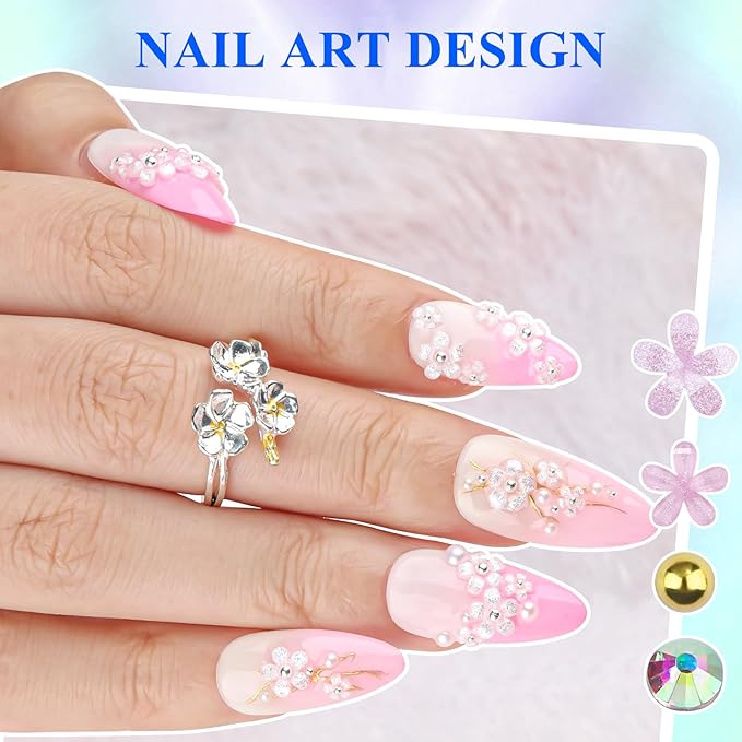 4 Boxes 3D Flower Nail Charms and Gems - Pink Nail Flower Charms Crystal AB Clear Gemstones Silver/Gold Caviar Beads White/AB Pearls for Women DIY Manicure Crafts (18-S4-Pink)