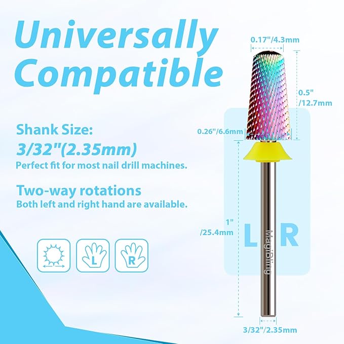 Round Top Nail Drill Bits, Cross Cut Tapered 3/32'' Safety Tungsten Carbide Professional Bit, Remove Gel Fast, Left Right Hand Use, Acrylic Nail Polish, Technicians Bits, Extra Fine.