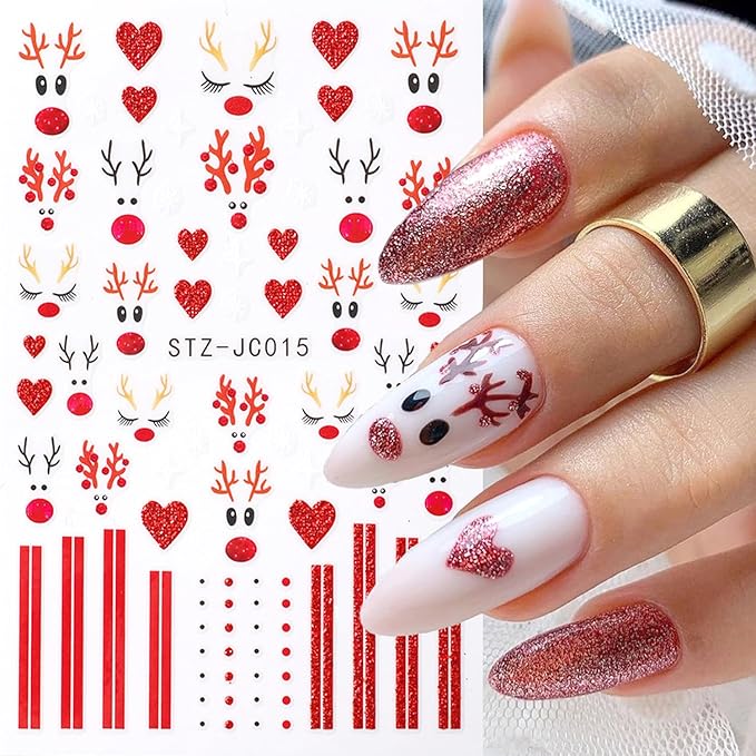 2Sheets Cute Christmas Nail Art Stickers 3D Xmas Elk Design Nail Decals Red Glitter Heart Lines Nail Stickers Self-Adhesive Cute Deer Nail Decal White Star Snowflake Nail Sticker for Women Nails Decor