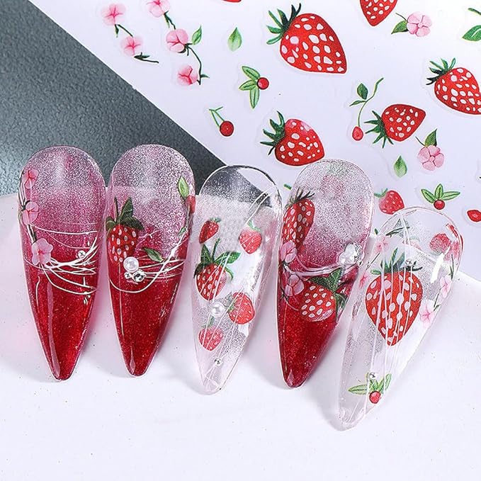 6 Sheets Fruit Nail Art Stickers Decals, 3D Self-Adhesive Embossed Lemon Strawberry Blueberry Stickers Nail Stickers for Women DIY Summer Manicure Decorations