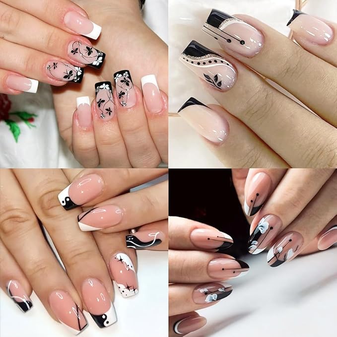 6Pcs French Tip Nail Stickers 3D Self Adhesive Black White French Nail Decals French Butterfly Flower Line Nail Design Stickers Irregular Geometry Pattern Curve Lines Tip Nail Decoration for Women