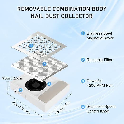 Nail Dust Collector, Professional Dust Collector Nail Tech with Reusable Filter, Adjustable Speed Nails Extractor Vacuum, Powerful Vacuum Cleaner for Acrylic Nails Polishing Manicure Salon, Low Noise