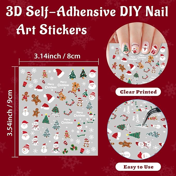 9 Sheets Christmas Nail Stickers for Girls Women and Kids, Nail Art Stickers Snowman Penguin Elk Santa for Nail Art Decoration with Tweezers for Christmas Stocking Stuffers & Gifts