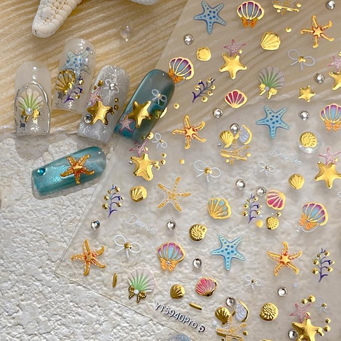 1 Sheets Gold Shell Nail Stickers for Nails Art 5D Embossed Self-Adhesive Summer Nail Art Stickers Ocean Star Jellyfish Design Beach Nail Decals Nail Art Supplies for Women Acrylic Manicure Salon