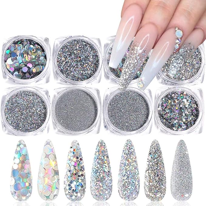 Holographic Nail Art Glitters Sequins 3D Flakes Supplies - Shiny Silver Acrylic Powder Dust Confetti Sparkle for Decoration Manicure Accessories - 8 Boxes