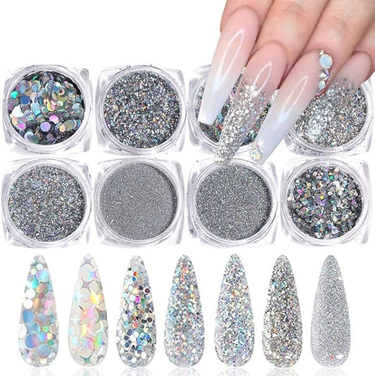 Holographic Nail Art Glitters Sequins 3D Flakes Supplies - Shiny Silver Acrylic Powder Dust Confetti Sparkle for Decoration Manicure Accessories - 8 Boxes