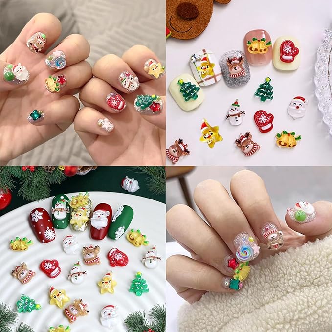 100Pcs Christmas Nail Charms and Gems 3D Christmas Tree Santa Claus Snowman Deer Nail Rhinestones Jewelry Supply Christmas Xmas Nail Art Charms for Women DIY Manicure Holiday Party Nails Decoration