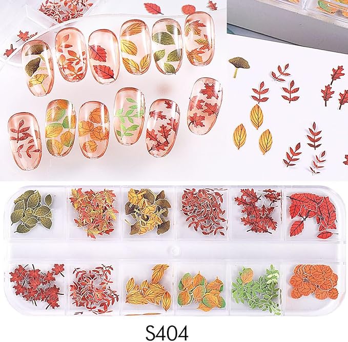 Fall Maple Leaves Nail Sequins 3D Autumn Fallen Leaf Flower Nail Art Flakes for Acrylic Nails Mixed Maple Leaf Wood Pulp Slice Glitter Nail Flake Design for Women DIY Thanksgiving Manicure Decor