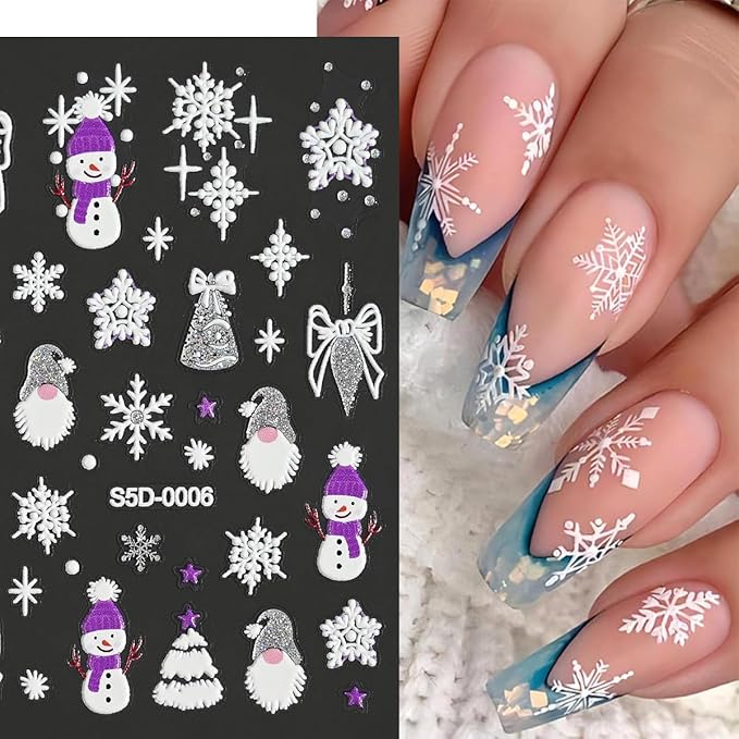 5 Sheets Christmas 5D Embossed Nail Art Stickers Gold Silver Glitter Nail Decals Self Adhesive Snowman Elk Gift Nail Design Stickers Snowflake Nail Stickers Winter Xmas Nail Art Supplies for Women DIY