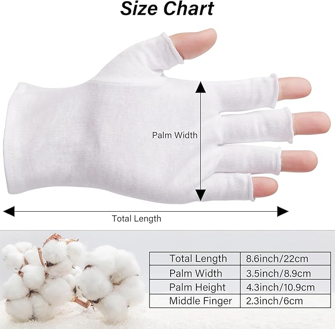 Fingerless Cotton Gloves, 4 Pairs White Cotton Gloves for Dry Hands Sleeping, One Size Fits Most, Moisturizing, Eczema Gloves