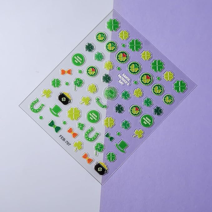 St. Patrick's Day Nail Art Stickers,Green Shamrock 3D Relief Self-Adhesive Nail Decals St. Patrick's Nail Supplies Four Leaf Clover Nail Sticker Lucky of Irish Spring Summer Design Manicure Decor