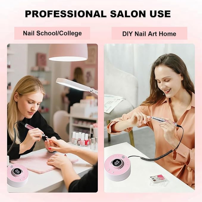 Electric Nail Drill File, Professional 40000RPM Nail E-File Drill, Rechargeable Cordless Nail Drill with Bits & Base for Acrylic Nails Remove Nail Gel Polish Manicure for Home Salon Use (Pink)