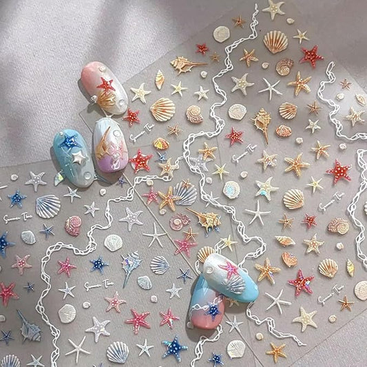 2 Sheet Summer Ocean Theme Nail Art Stickers Extra Shiny Shell Light 5D Shell Starfish for Nails Stickers Decals Gold Silver Star Jellyfish Self-Adhesive Design Nail Supplies for Women Manicure Decor