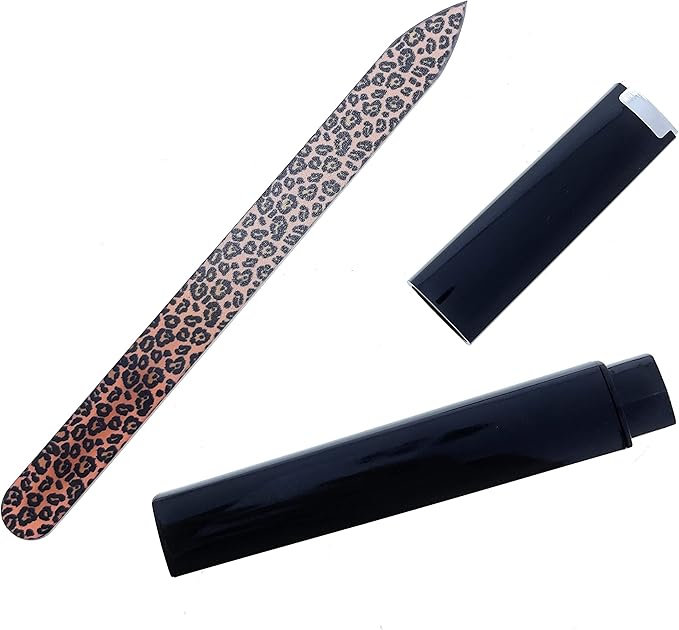 Pop Sonic Double-Sided Glass Nail File | Fingernail Files for Shaping & Smoothing Nails | High-Quality Tempered Glass | Strong, Wear-Resistant Filer w/Protective Carrying Case (Leopard)