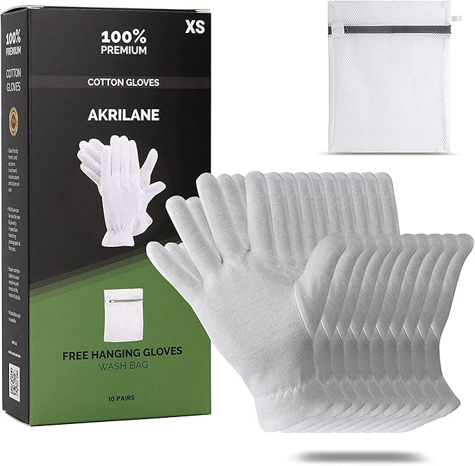 XS Extra Small 10 Pairs 100% Premium Cotton Gloves for Dry Hands | Moisturizing Overnight Gloves for Eczema, Psoriasis & Skin Spa Treatment for Women & Men | Washable & Reusable with Free Laundry Bag