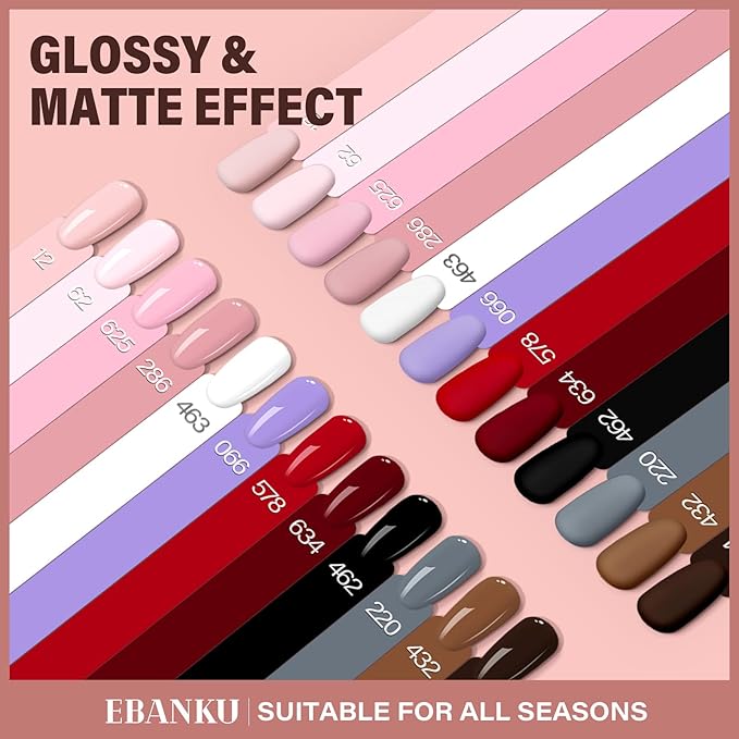 EBANKU 12 Pcs 15ML Gel Nail Polish Set, Same Color Same Bottle Red Pink Nude Brown Fall Soak Off Gel Nail Polish Kit Nail Art Manicure Gifts for Women