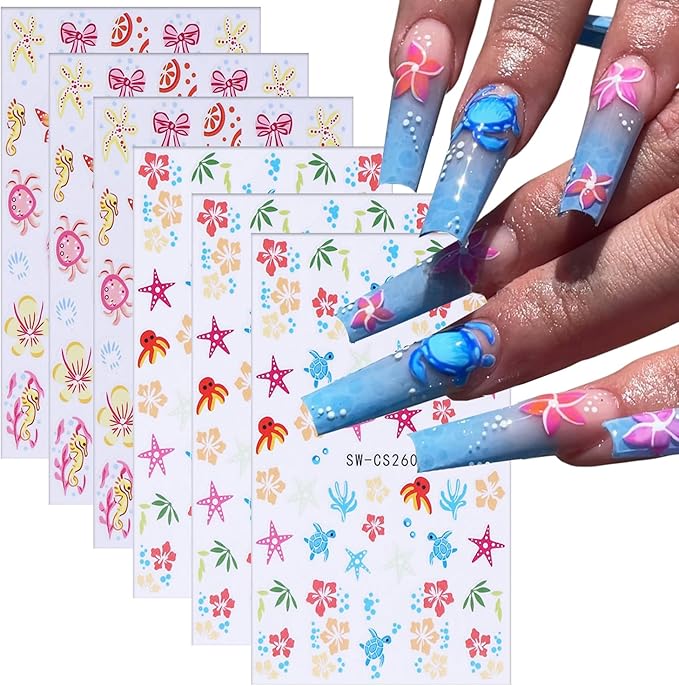 6 Sheets Ocean Style Nail Art Stickers 3D Self -Adhesive Starfish Sea Turtles Nail Decals Holographic Flower Bow Nail Stickers Summer Floral Seahorse Nail Decoration for Women Manicure Supplies