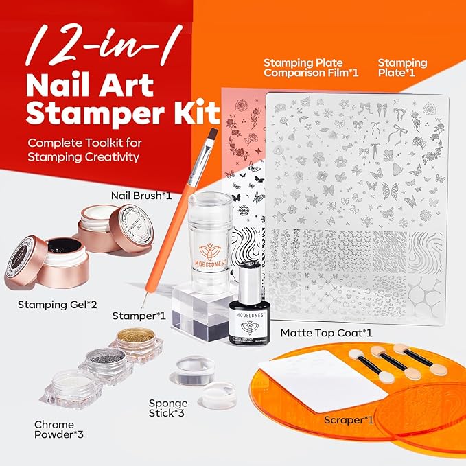 modelones 16 PCS Gel Nail Polish Stamping Plate Set, French Tip Tool Stamper & Scraper, Gold Silver Pearl Chrome Powder Proof Matte Top Coat 2 Colors Painting Gel for Nail Art Fall Manicure Gift Kit