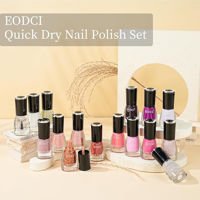 16 PCS Nail Polish Set, 15 Colors Quick Dry Nail Polish Kit With 2in1 Base/Top Coat Nude Pink Purple White Colors Finger Nail Polish Pack Glossy Toenail Polish DIY Gifts for Women
