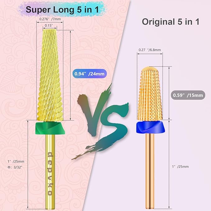 Depvko Super Long 5 in 1 Nail Drill Bits, 3/32'' Carbide Tungsten Bits, Two Way Rotate Professional Advanced Safety Bits for Nail, Fast Remove for Manicure Pedicure (Long 5in1-Gold, Coarse-C)