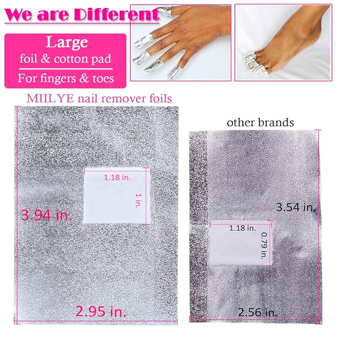 MIILYE Nail Polish Remover Foil Wraps for Acrylic/Dip Powder/UV/Gel/Polish Varnish Soak-off Removal, with Pre-attached Lint Free Pad (300x Nail Gel Polish Remover Wraps)