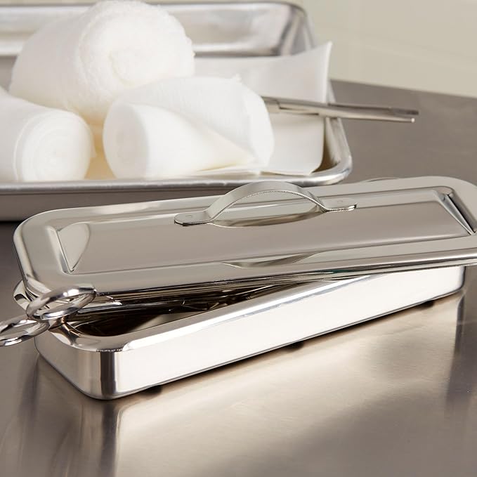 McKesson Surgical Tray - Stainless Steel Instrument Tray, Medical Metal Tray with Cover and Strap Handle, Non-Sterile, Autoclavable, Easy to Clean, 8 1/2 in x 3 in x 1 1/2 in, 6 Count