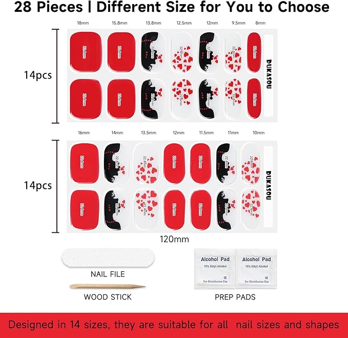 Semi Cured Gel Nail Strips, 28 pcs Gel Nails Stickers for Women Wedding Party Work with Any UV Lamp, Long Lasting Nail Wraps for Home DIY Nails Art (Love Kisses)