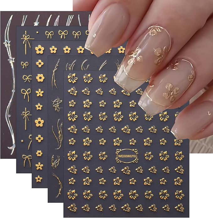 5Sheets Gold Line Nail Art Stickers 3D Self Adhesive Metal Geometric Stripe Wave Little Flower Nail Sticker Glitter Designs Nail Art Supplies Bow Sticker for Women DIY Nail Decoration