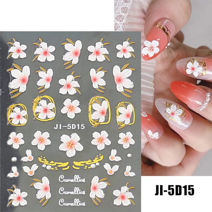 3D Embossed Flower Leaves Nail Art Stickers Decals 4 Sheets 5D Self-Adhesive Pegatinas Uñas Summer Nail Supplies Nail Art Design Decoration Accessories