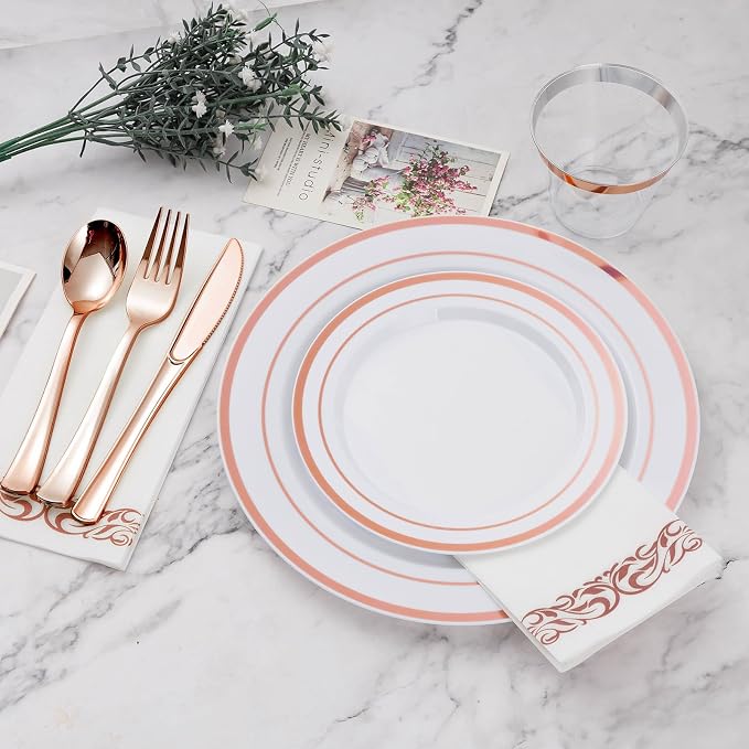 BESTVIP 175 PCS Rose Gold Disposable Plastic Dinnerware Set - Image 2