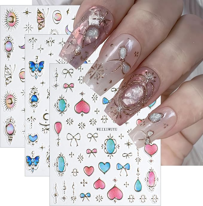 3Sheets Butterfly Nail Art Stickers Retro Heart Style Nail Decals Red Blue Butterfly Nail Stickers Embossed Self-Adhesive Star Moon Bow Patterns Design Nail Supplies for Women DIY Nail Decorations