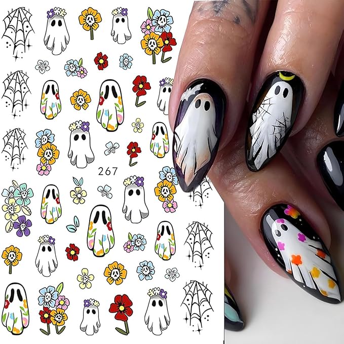 Halloween Nail Art Stickers, Spider Web Nail Art Decals 3D Self-Adhesive with Pumpkin Cute Ghost Cat Bat Flower Tree Nail Design 8Pcs Halloween Nail Art Supplies for Women Nail Decoration