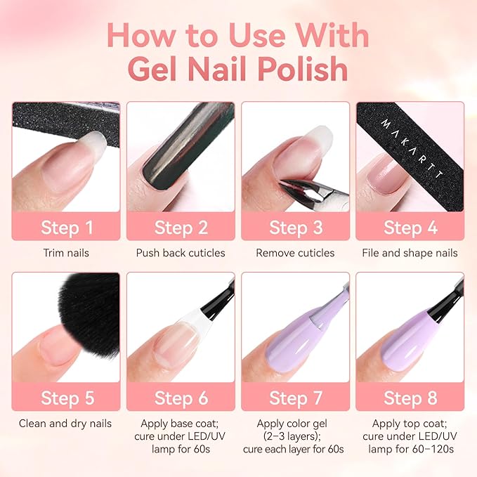 Makartt Gel Top Coat - 2PCS No Wipe Top Coat Gel Nail Polish, Long-Lasting Glossy Finish, Clear Nail Polish, Non-Yellowing, Pink Bottle, Soak Off with UV/LED Lamp, DIY Manicure Gift for Women
