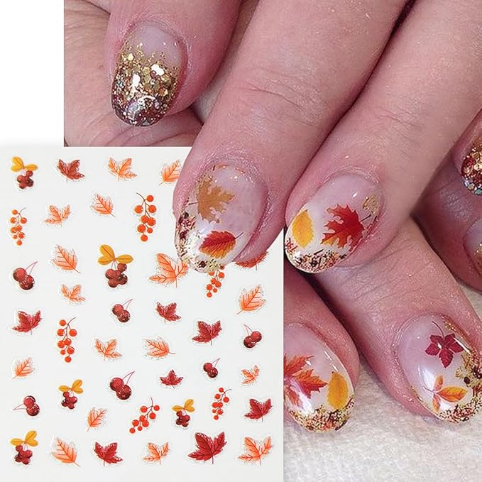 6 Sheets Fall Nail Stickers Maple Leaf Nail Art Stickers Decals Thanksgiving Pumpkins Maple Leaves Nail Design Nail Decals Autumn Nail Supplies for Women Holiday Acrylic Nail Decoration DIY